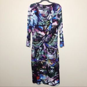 Escada Drape Neck Watercolor Long Sleeve Dress 44